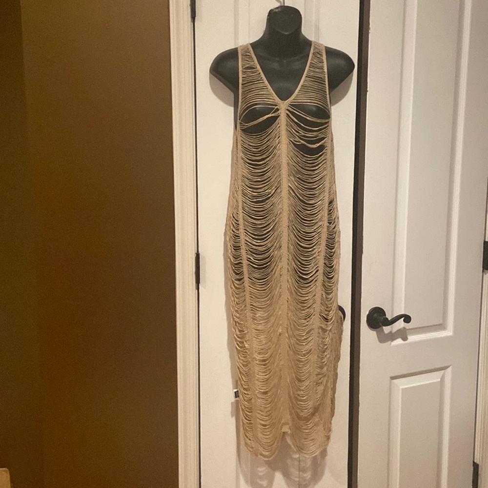 Women’s fringe tan color midi cover up size medium